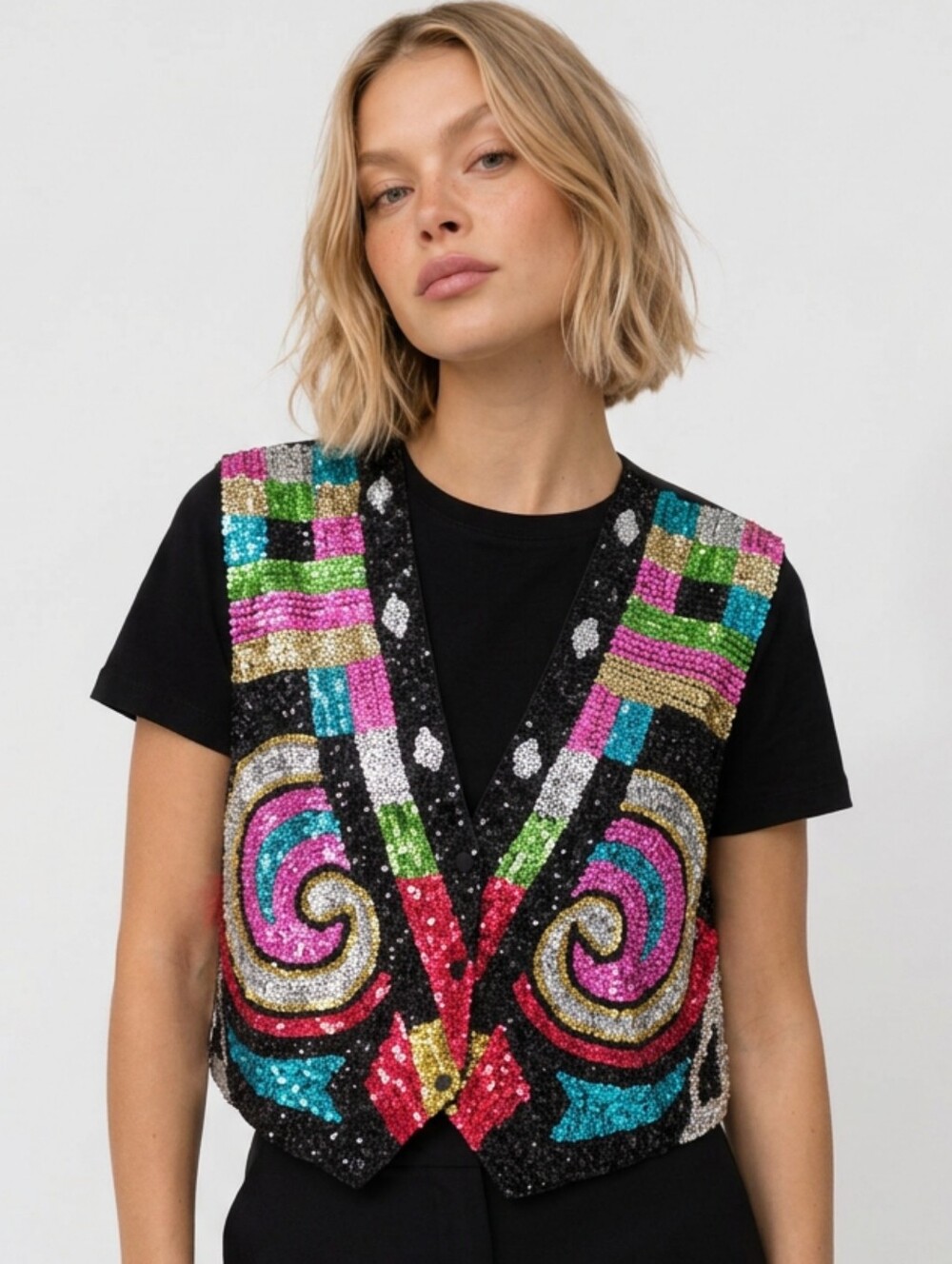VTG Valerio Multicolor Sequin Geometric Swirl Vest M/L